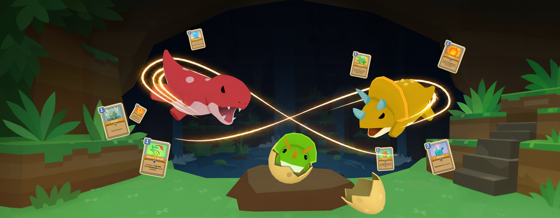 Dino Card Hunt banner with Dinos leaping over a hatching egg in a cave, without the logo