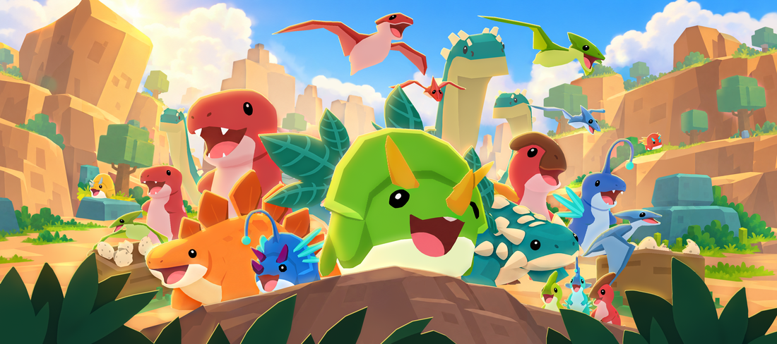 Dino Card Hunt banner with a crowd of Dinos in a canyon, without the logo