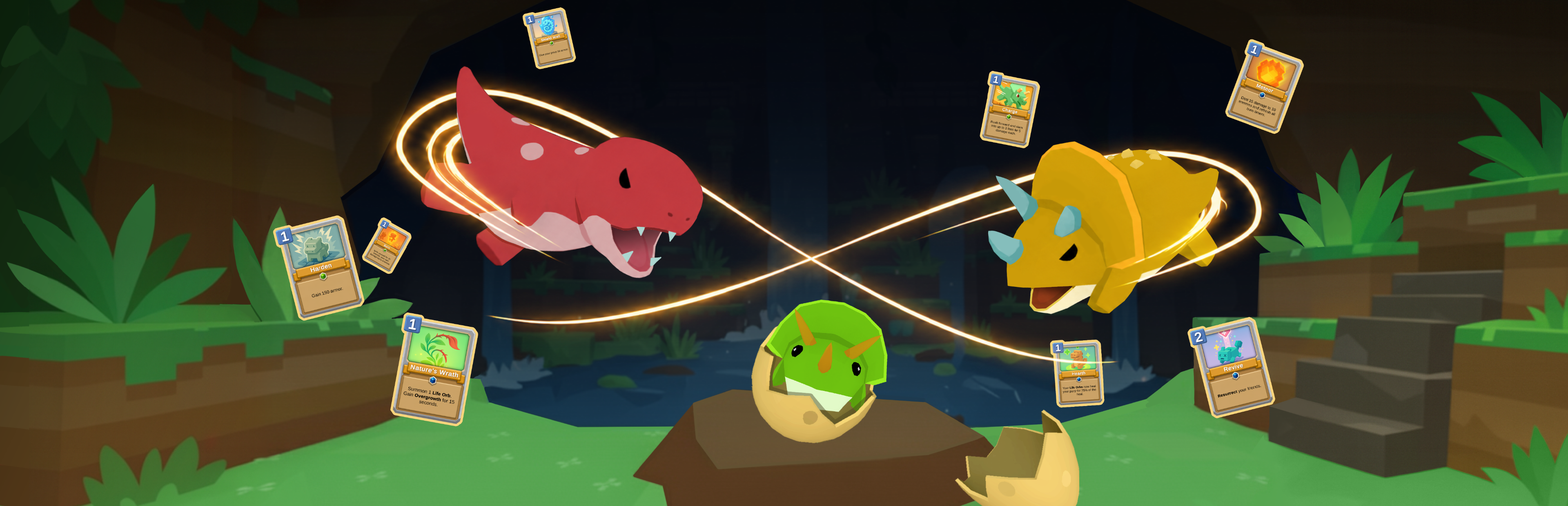 Dino Card Hunt art: Dinos and cards flying around a hatching Dino egg